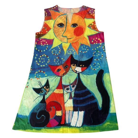 Unbranded Dresses & Skirts - Whimsical Colorful Cat Print Shift Dress XXL Folk Art Boho Cottagecore Sun
